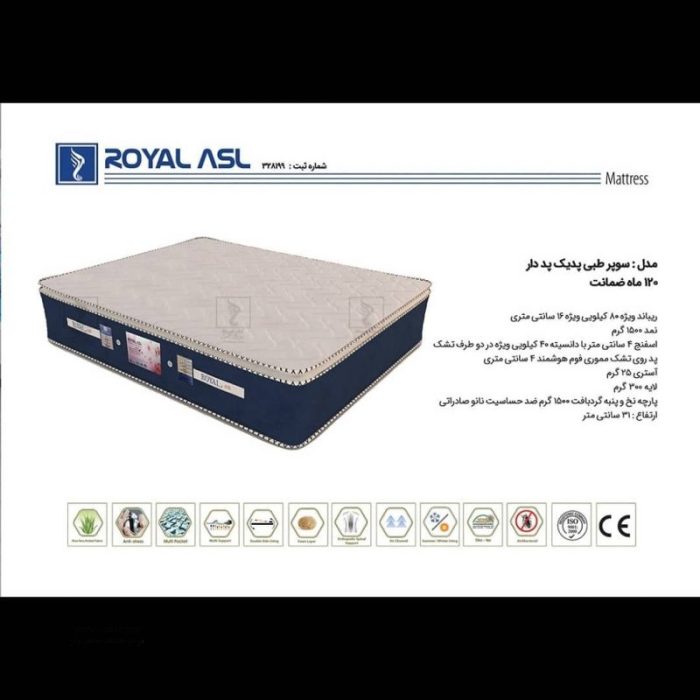 تشک رویال سوپر طبی فنری تکنفره 10 سال ضمانت(فنرمیکرو)سایز200*90